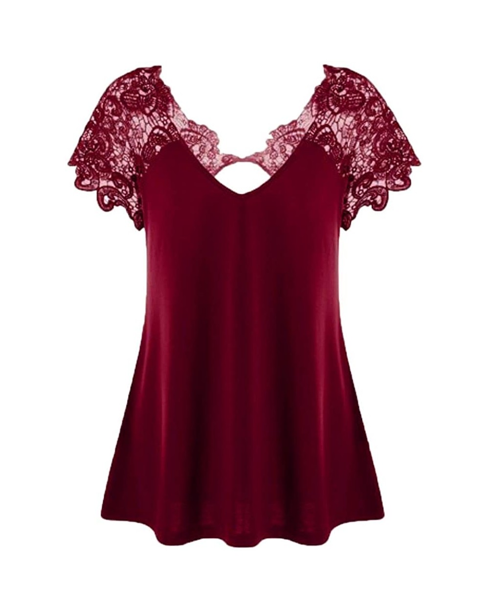 Womens V-Neck Backless Tops 2019 Fashion Lace Patchwork Plus Size Short Sleeve Trim Cutwork T-Shirt - Wine_red - CO18O98ERX2 ...