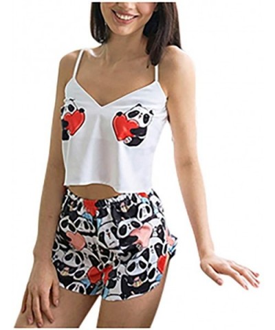 Women Pajamas Set Fox Print Cute Cartoon Pattern Sleepwear Silk V Neck Satin Lingerie Camis Crop Tops Shorts Set B red - C419...