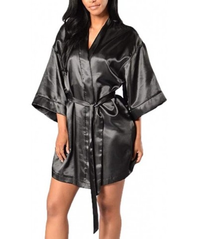 Plus Size Kimono Women's Lace-Trimmed Satin Short Kimono Robe Bathrobe Loungewear - Black - CM18YGOAQ0D $14.11 Robes