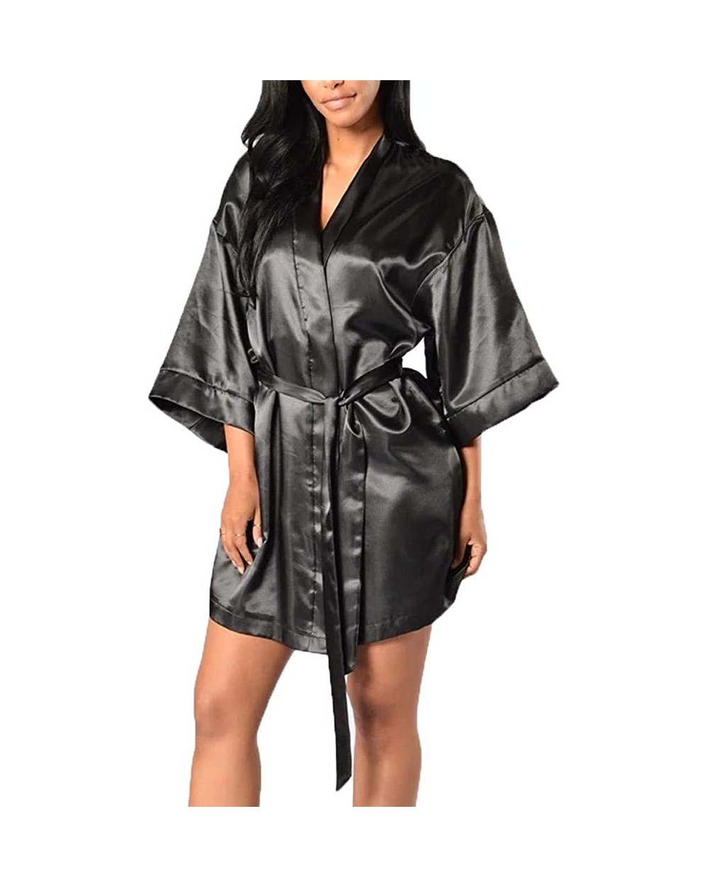 Plus Size Kimono Women's Lace-Trimmed Satin Short Kimono Robe Bathrobe Loungewear - Black - CM18YGOAQ0D $14.11 Robes