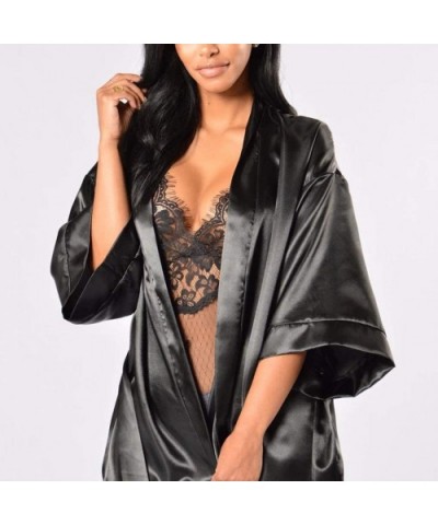 Plus Size Kimono Women's Lace-Trimmed Satin Short Kimono Robe Bathrobe Loungewear - Black - CM18YGOAQ0D $14.11 Robes