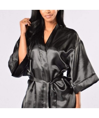 Plus Size Kimono Women's Lace-Trimmed Satin Short Kimono Robe Bathrobe Loungewear - Black - CM18YGOAQ0D $14.11 Robes