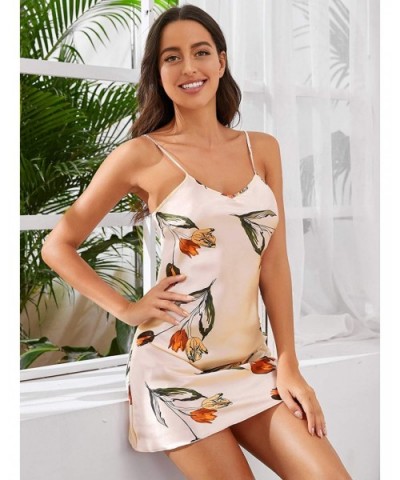 Women's Graphic Print Satin Nightgown Cami Sleepwear Dress - Beige - CB190T4IHMH $24.08 Sets