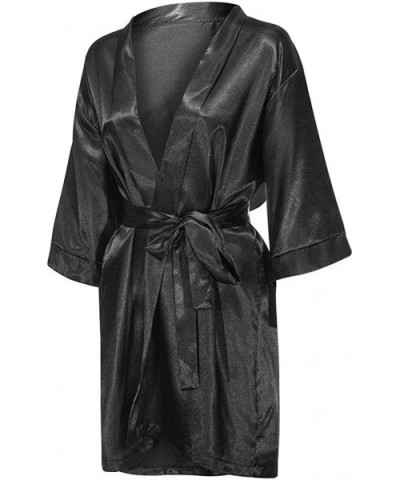 Plus Size Kimono Women's Lace-Trimmed Satin Short Kimono Robe Bathrobe Loungewear - Black - CM18YGOAQ0D $14.11 Robes