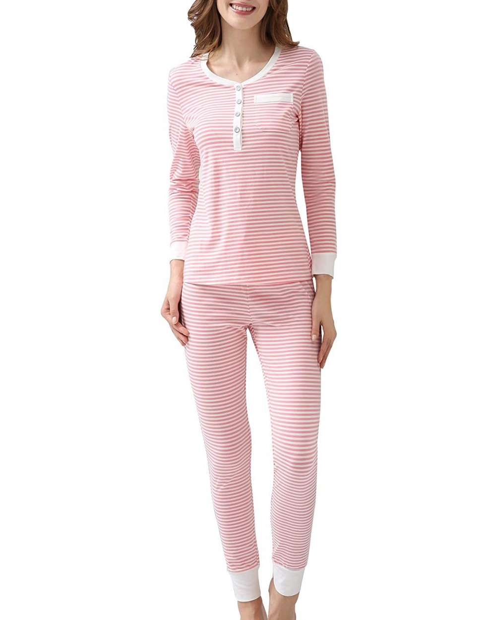 Womens Cotton Pajama Set Christmas Striped Henley Pjs Fitted Pants - Cotton-pink - CX18X82NUM0 $40.38 Sets