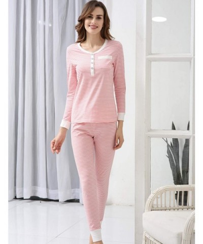 Womens Cotton Pajama Set Christmas Striped Henley Pjs Fitted Pants - Cotton-pink - CX18X82NUM0 $40.38 Sets