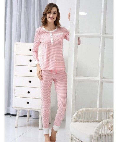 Womens Cotton Pajama Set Christmas Striped Henley Pjs Fitted Pants - Cotton-pink - CX18X82NUM0 $40.38 Sets