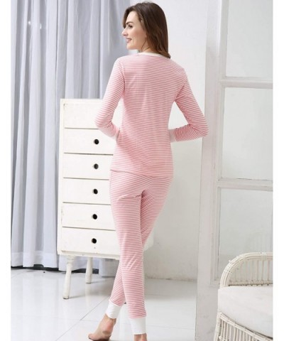 Womens Cotton Pajama Set Christmas Striped Henley Pjs Fitted Pants - Cotton-pink - CX18X82NUM0 $40.38 Sets