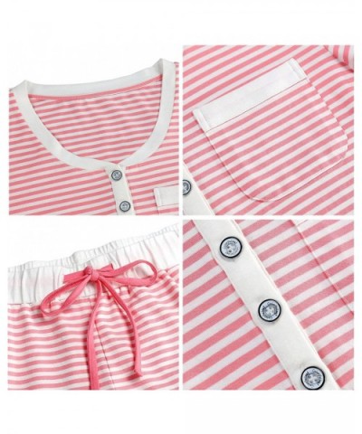 Womens Cotton Pajama Set Christmas Striped Henley Pjs Fitted Pants - Cotton-pink - CX18X82NUM0 $40.38 Sets