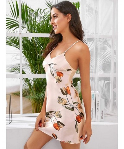 Women's Graphic Print Satin Nightgown Cami Sleepwear Dress - Beige - CB190T4IHMH $24.08 Sets