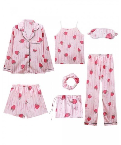 Women 7 Pieces Pajamas Sets Stain Faux Silk Pajamas Women Sleepwear Tops+Shorts+Shirt+Pants - 2 - CI18U3YYQ09 $68.88 Sets