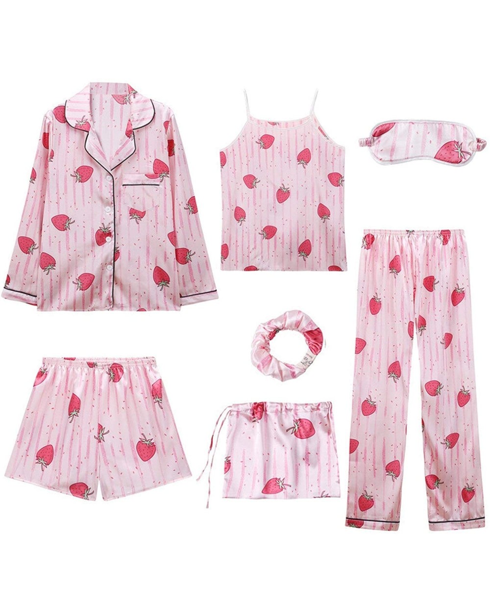 Women 7 Pieces Pajamas Sets Stain Faux Silk Pajamas Women Sleepwear Tops+Shorts+Shirt+Pants - 2 - CI18U3YYQ09 $68.88 Sets