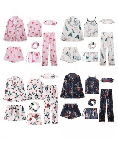 Women 7 Pieces Pajamas Sets Stain Faux Silk Pajamas Women Sleepwear Tops+Shorts+Shirt+Pants - 2 - CI18U3YYQ09 $68.88 Sets