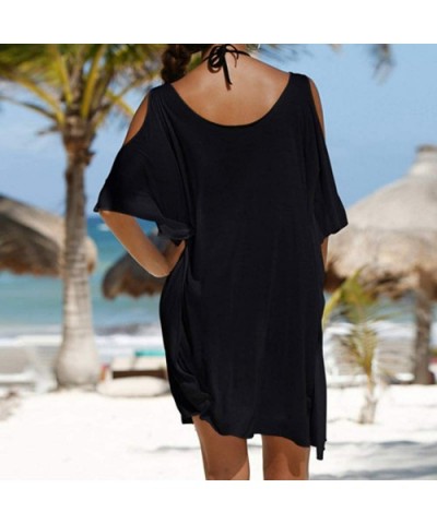 Summer Dresses for Women- Beach Dress Off Shoulder Letters Printed Robe Cold Shoulder Dress - Black - CX194EANHZC $18.17 Tops