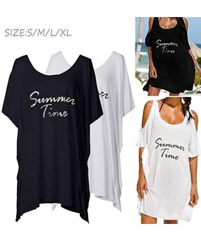 Summer Dresses for Women- Beach Dress Off Shoulder Letters Printed Robe Cold Shoulder Dress - Black - CX194EANHZC $18.17 Tops