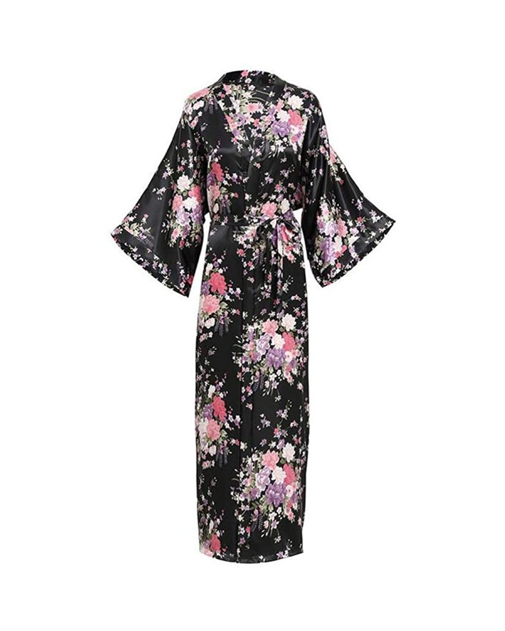 Elegant Dark Green Lady Wedding Robe Kimono Gown Exquisite Print Flower Sleepwear Nightdress Soft Satin Intimate Bath - Black...