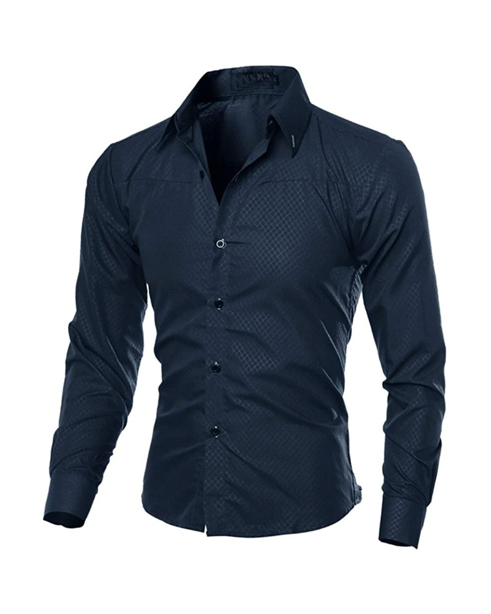 Men's Fashion Plaid Print Shirt Slim-Fit Long-Sleeve Solid Lapel Dress Shirt - Navy - CQ1965EU4TU $22.66 Shapewear