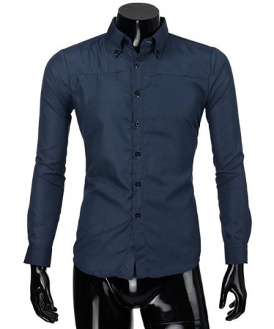 Men's Fashion Plaid Print Shirt Slim-Fit Long-Sleeve Solid Lapel Dress Shirt - Navy - CQ1965EU4TU $22.66 Shapewear