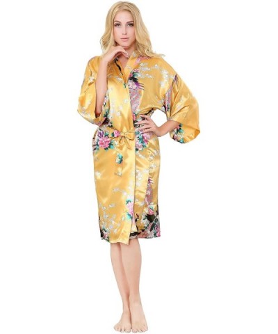 Women's Floral Kimono Robe Silk Peacock Printing Soft Breathable for Bride and Bridesmaids Nightgown - Gold - CR18DRYOL8H $18...