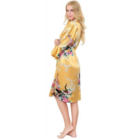 Women's Floral Kimono Robe Silk Peacock Printing Soft Breathable for Bride and Bridesmaids Nightgown - Gold - CR18DRYOL8H $18...