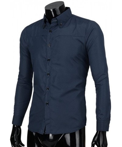 Men's Fashion Plaid Print Shirt Slim-Fit Long-Sleeve Solid Lapel Dress Shirt - Navy - CQ1965EU4TU $22.66 Shapewear