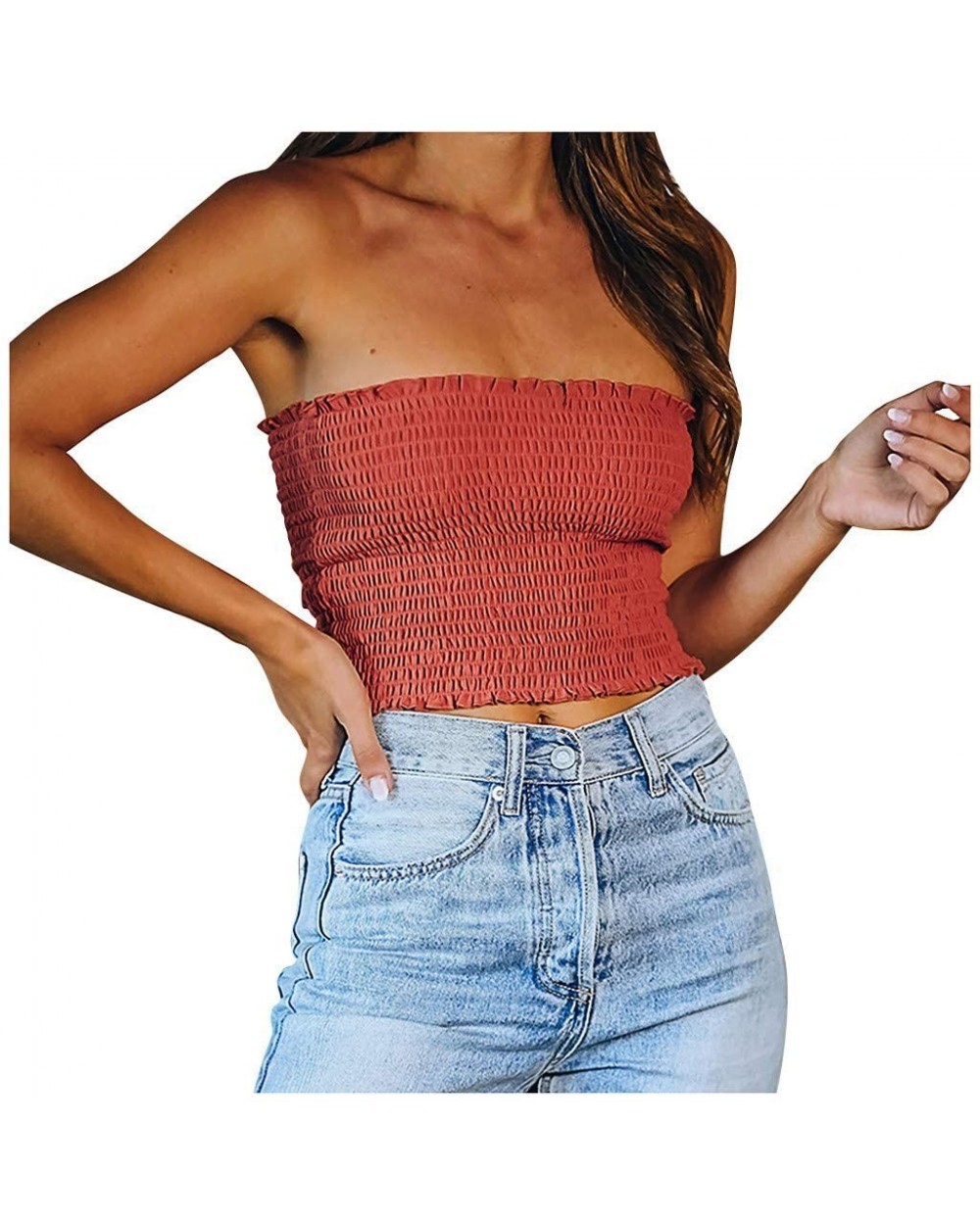 Women's Summer Off Shoulder Pleated Strapless Bandeau Tube Sexy Crop Top Tank Cami - Watermelon Red - C5198U6W3EN $15.89 Cami...