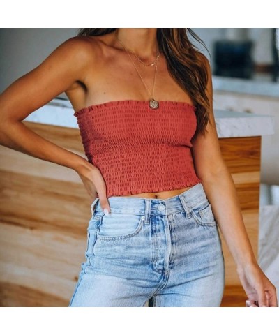 Women's Summer Off Shoulder Pleated Strapless Bandeau Tube Sexy Crop Top Tank Cami - Watermelon Red - C5198U6W3EN $15.89 Cami...