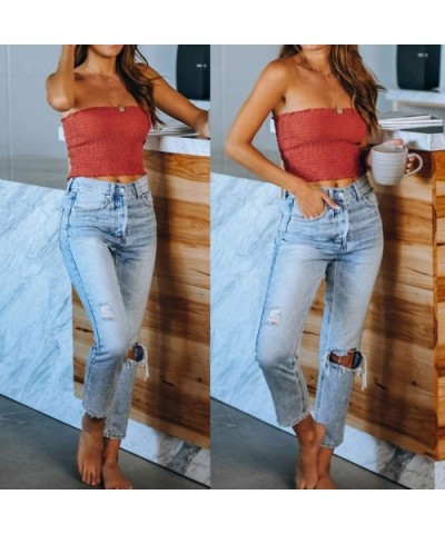 Women's Summer Off Shoulder Pleated Strapless Bandeau Tube Sexy Crop Top Tank Cami - Watermelon Red - C5198U6W3EN $15.89 Cami...