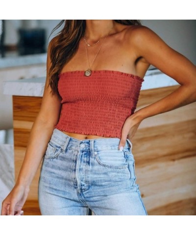 Women's Summer Off Shoulder Pleated Strapless Bandeau Tube Sexy Crop Top Tank Cami - Watermelon Red - C5198U6W3EN $15.89 Cami...