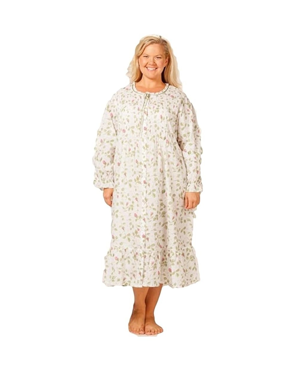 Women's Plus Size Long Sleeve Cotton Robe - White/Blooming Vines - CE11VOPKN5J $77.60 Nightgowns & Sleepshirts