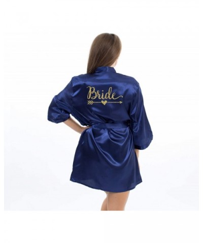 Satin Robe for Bridesmaid and Bride Wedding Party Short Robe with Gold Glitter - Navy-blue-bride - CM192UMS0XO $36.95 Robes