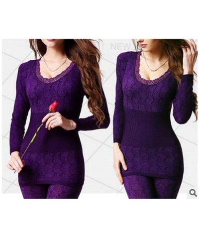 Women Thermal Underwears Tops+Pants Sexy Slim Winter Warm Long Johns Ladies Underwear - Purple - CV192HTMUQK $47.65 Thermal U...