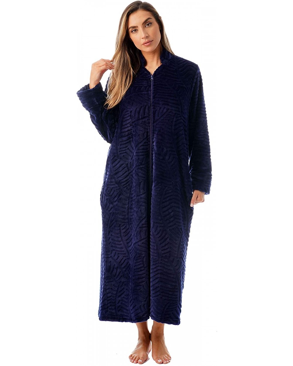 Plush Zipper Lounger Robe - Navy - CG18E7Y8XAX $46.95 Robes