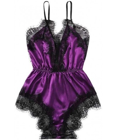 Womens Lace Trim Velvet Bralette and Shorts Pajama Set Lace Satin Sleepwear Cami Top and Shorts Pajama Set K purple - CO1985W...