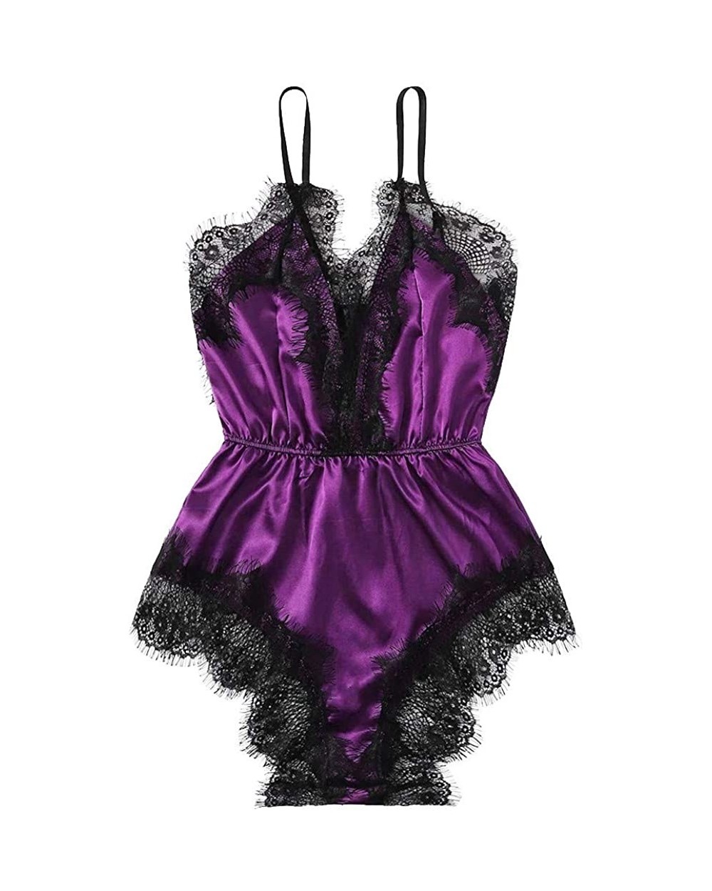 Womens Lace Trim Velvet Bralette and Shorts Pajama Set Lace Satin Sleepwear Cami Top and Shorts Pajama Set K purple - CO1985W...