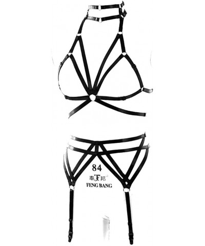 Full Body Harness Bra Set Woman Lingerie cage Punk Gothic Garter Plus Size Belt Stretchy Fabric Festival Rave - Black - CZ18G...