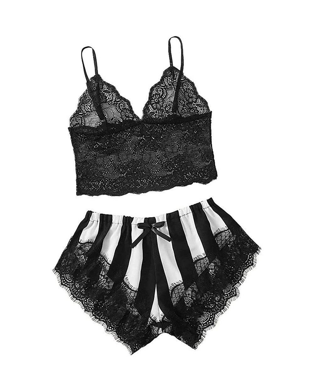 Unique Nightwear Set Women Lace Camisole Stripe Satin Shorts Bow Sleepwear - Black - CS19CK4E2DG $16.38 Sets