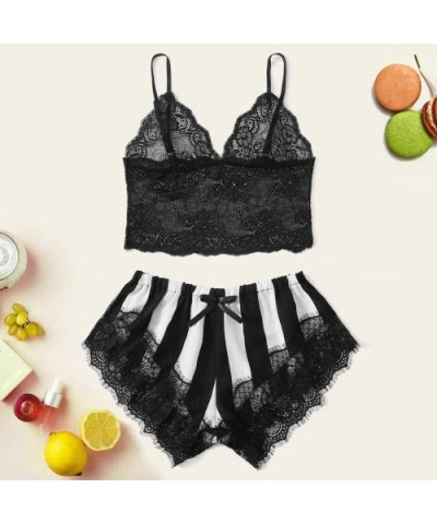 Unique Nightwear Set Women Lace Camisole Stripe Satin Shorts Bow Sleepwear - Black - CS19CK4E2DG $16.38 Sets