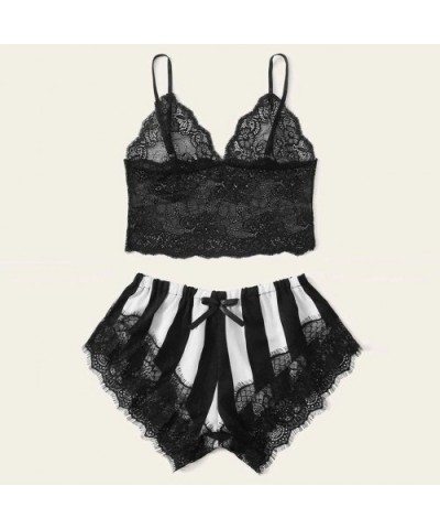 Unique Nightwear Set Women Lace Camisole Stripe Satin Shorts Bow Sleepwear - Black - CS19CK4E2DG $16.38 Sets