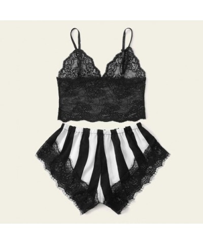 Unique Nightwear Set Women Lace Camisole Stripe Satin Shorts Bow Sleepwear - Black - CS19CK4E2DG $16.38 Sets