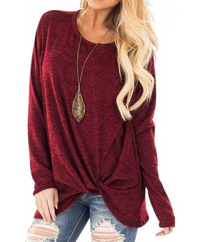 Womens Autumn Shirt Long Sleeve Pure Color Knot Side Twist Blouse Casual Cold Shoulder Slim Fit Top Bottom Blouse - Wine Red ...