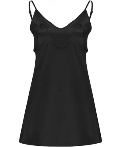 Satin Nightshirts Sexy Nightdress Spaghetti Strap Negligee Nightgown Chemise Slip with Deep V Neck - Black - CX19773ETA8 $17....