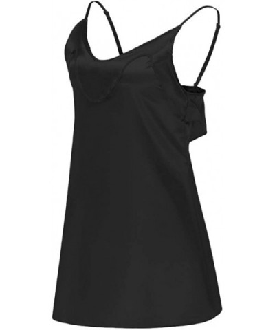 Satin Nightshirts Sexy Nightdress Spaghetti Strap Negligee Nightgown Chemise Slip with Deep V Neck - Black - CX19773ETA8 $17....