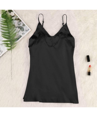 Satin Nightshirts Sexy Nightdress Spaghetti Strap Negligee Nightgown Chemise Slip with Deep V Neck - Black - CX19773ETA8 $17....