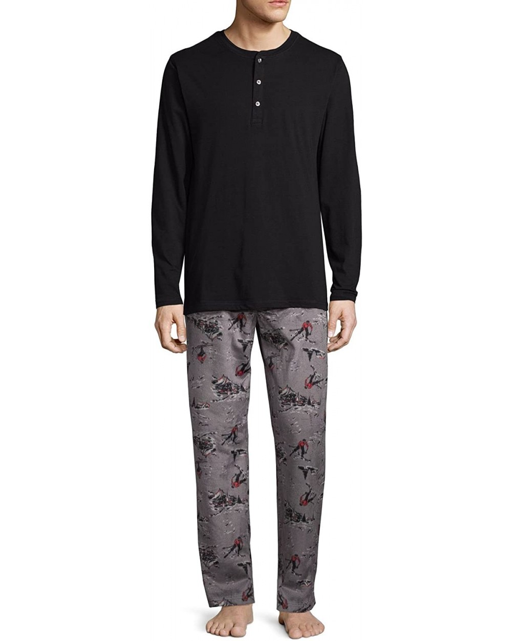 Men's 2-Piece Sleep Set- Henley Top & Microfleece Pajama Pants Sleep Bottoms - Skiing Black - CG18G8IU2OD $43.32 Sleep Sets