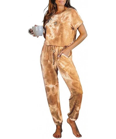 Womens Tie Dye Printed Long Pajamas Keyhole Short Sleeve Jumpsuit PJ Sets Loungewear Sleepwear - 07yellow One Piece Jumpsuit ...