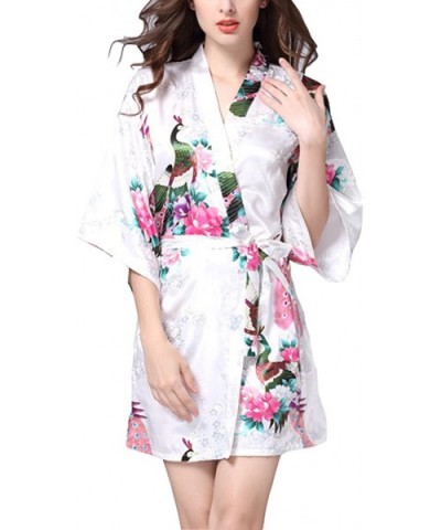 Women's Short Satin Silk Robes Peacock and Blossoms Kimono Nightwear Bathrobes Dressing gown. - White - C617YHEDQGD $33.76 Robes