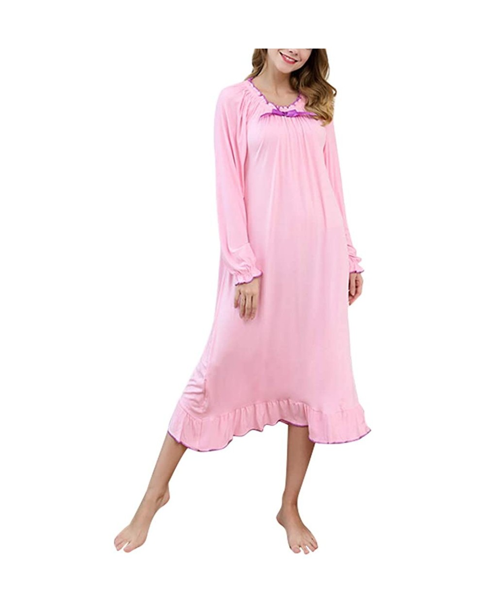 Women's Long Sleeve Vintage Lace Princess Nightgown Cotton Full Length Sleepwear - 120pink - CN19E4OLAT2 $40.53 Nightgowns & ...