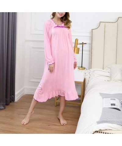 Women's Long Sleeve Vintage Lace Princess Nightgown Cotton Full Length Sleepwear - 120pink - CN19E4OLAT2 $40.53 Nightgowns & ...