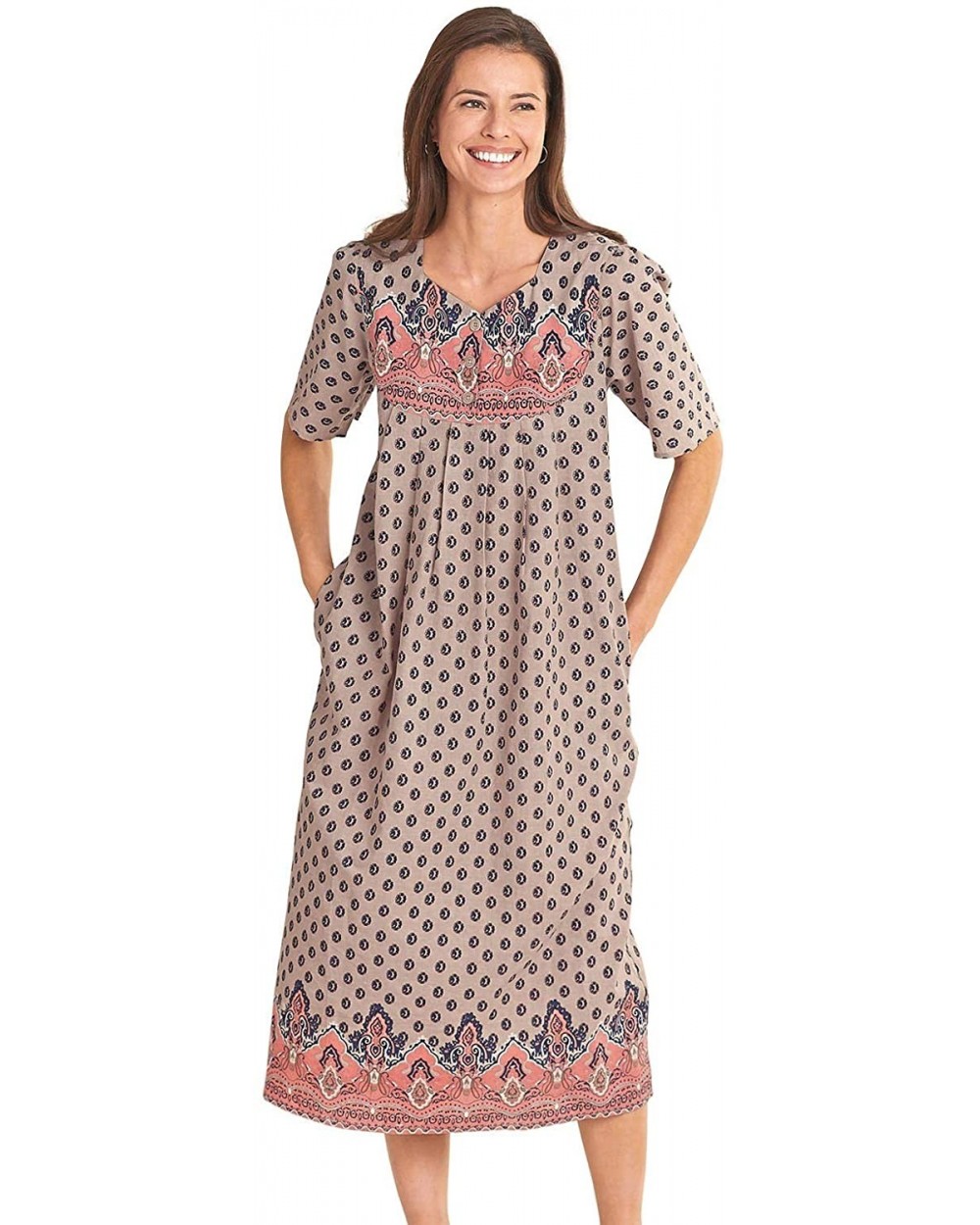 Border Print Lounger - Coral Paisley - CU19C3NT6EW $25.29 Nightgowns & Sleepshirts